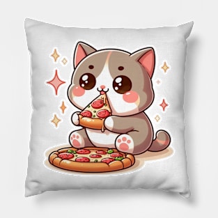 cute cat fat eat pizza slice cartoon illustration Pillow