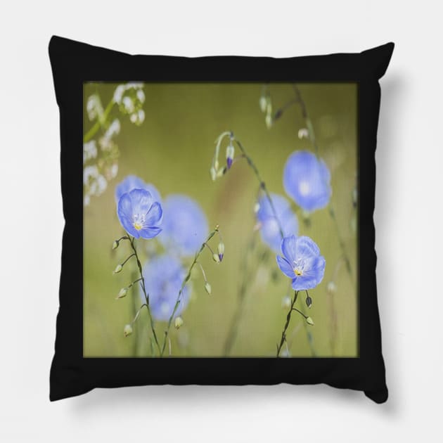 Blue Calming Flowers on Soft Focus Green Background Floral Print Happy Inspirational Design Cute Vacation Beach Wear & Gifts Pillow by tamdevo1