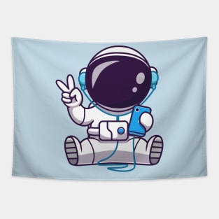 Astronaut Listening Music With Headphone And Peace Hand  Cartoon Tapestry