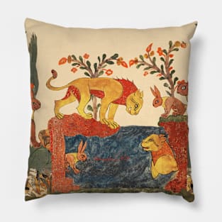 FOREST ANIMALS ,LIONS AND HARES  AMONG FLOWERS AND GREEN LEAVES Pillow