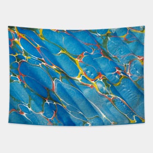 MARBLED PAPER,ABSTRACT RED YELLOW GREEN SHADES IN BLUE Tapestry