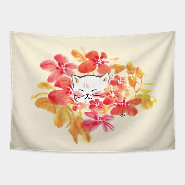 Cat in flowers Tapestry by juliewu