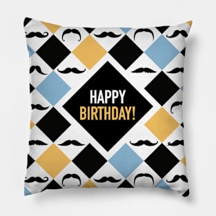 Happy Birthday! Mustaches Blue Yellow Pillow