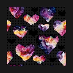 Watercolor Galaxy and Hearts on Polka Dot Background T-Shirt