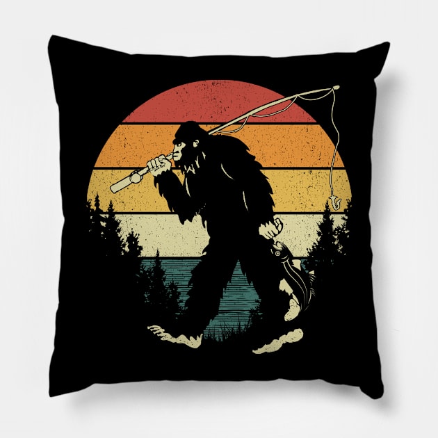 Bigfoot Fishing Retro Sunset Pillow by Tesszero