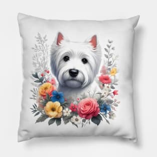 A west highland white terrier decorated with beautiful colorful flowers. Pillow