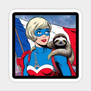 Francais: Female 70's Comic Book Hero with Sloth Magnet