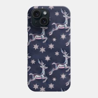 Silver Snowflakes & Happy Reindeer in Navy Blue & Pink Phone Case