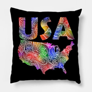 Colorful mandala art map of the United States of America with text in multicolor pattern Pillow