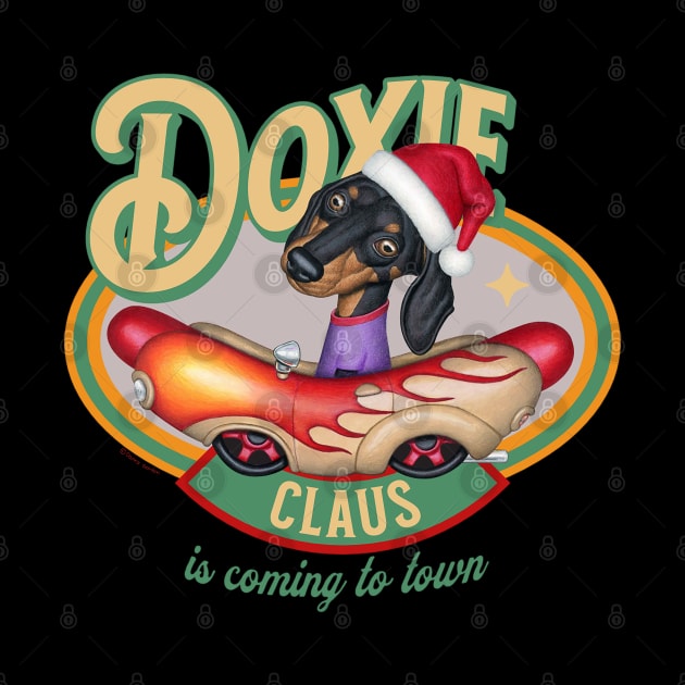 cute Doxie Dog as Santa Claus in classic hotdog car is Coming to Town by Danny Gordon Art