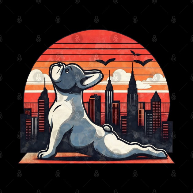 French bulldog, yoga style, silhouette frenchie on watercolor sunset and city by Collagedream