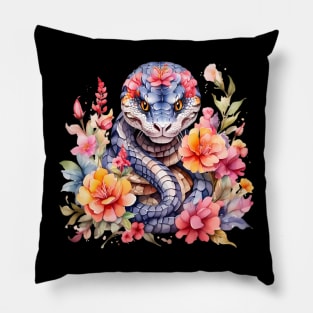 A snake decorated with beautiful watercolor flowers Pillow
