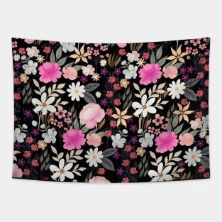 Elegant Black Pink Wildflowers Boho Floral Painting Tapestry