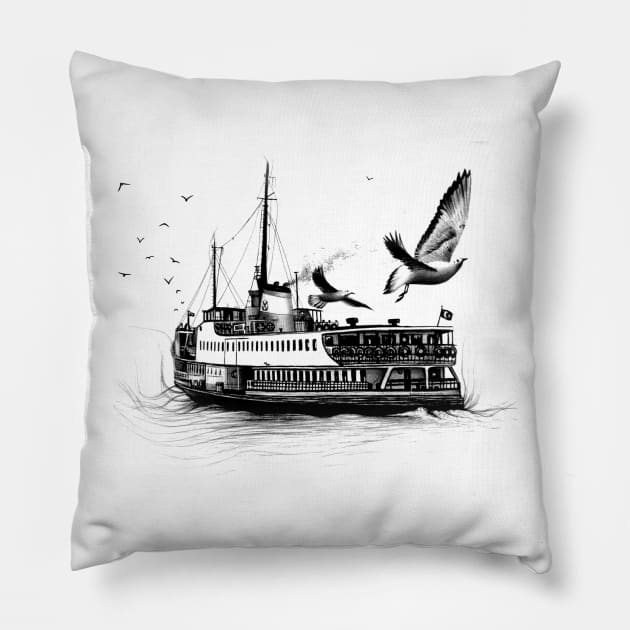 Boat and seagulls Charcoal Pillow by ilhnklv