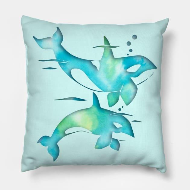 Aqua Sea Orca Whales Pillow by ferinefire