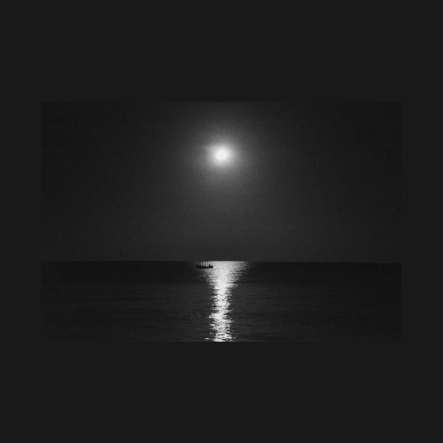 A grayscale shot of a boat in the calm sea with the reflection of the moon at night by Ryansnow876