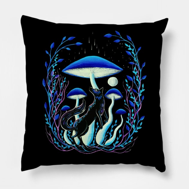 Wolf with blue mushrooms Pillow by EYCIIR