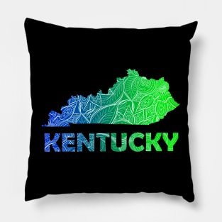 Colorful mandala art map of Kentucky with text in blue and green Pillow