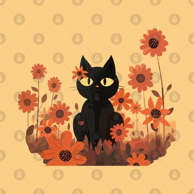 Vector Drawing of Cat and Flowers by Meow & Shirts