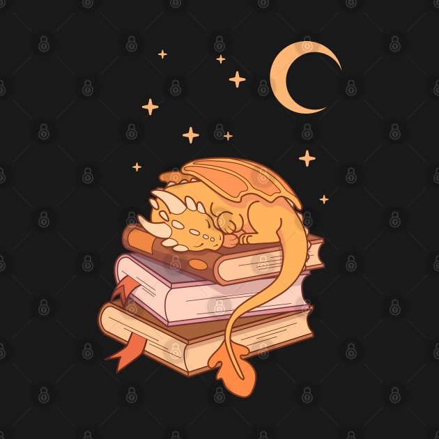Little golden dragon sleeping on a stack of books by Vaigerika