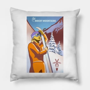 Retro Ski Poster Ski the Rocky Mountains Pillow