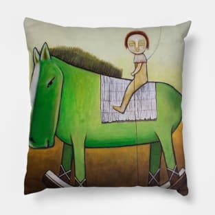 Child rides a green toy horse Pillow