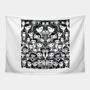 Bunch of Quirky Girls and Friends - Black, White, Gray Tapestry