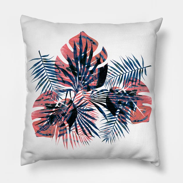 Orange blue watercolor jungle leaves Pillow by Flow Patterns