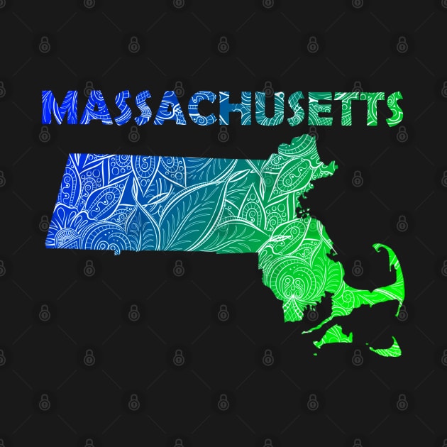 Colorful mandala art map of Massachusetts with text in blue and green by Happy Citizen