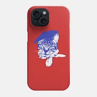 Ooo la la Cat with Beret, Blue and White on Red Phone Case