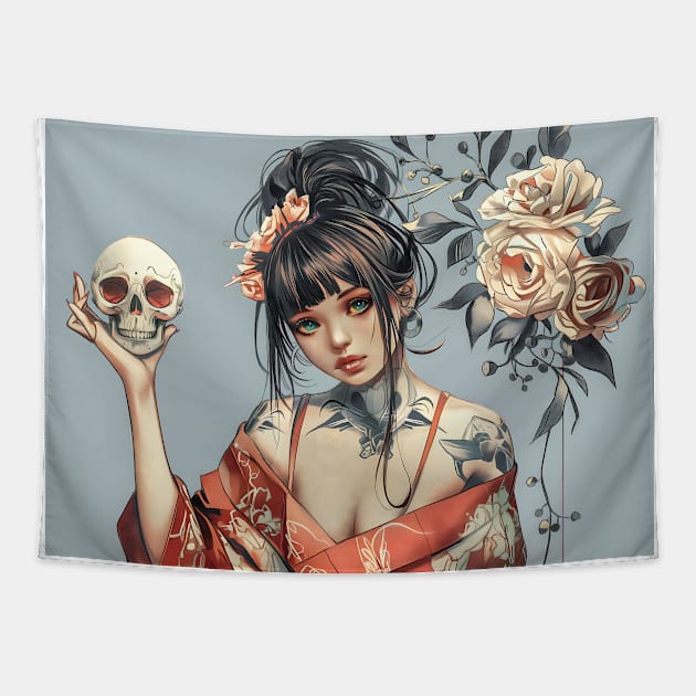 Geisha and skull 6602 Tapestry by ToddT