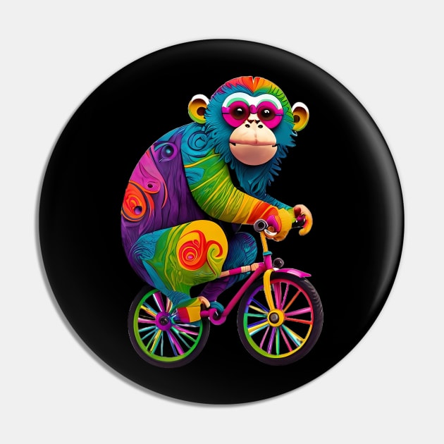 Rainbow colored monkey on a bicycle Pin by FrogAndToadsWorkshop