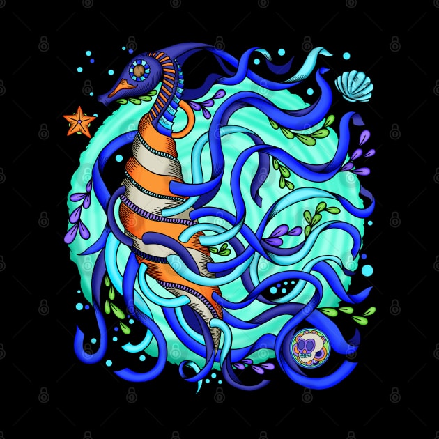 The Seahorse - Underwater Blue World - Dia De Los Muertos - Colorful Seahorse by Scriptnbones