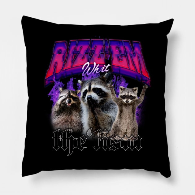 Rizz Em With The Tism Retro Shirt, Vintage Funny Raccoon Graphic Shirt, Autism Awareness, Raccoon Meme Pillow by Hamza Froug