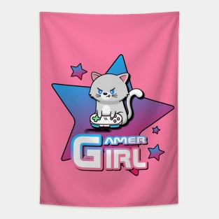 Gamer Girl Cat Stars Tapestry