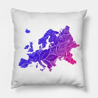 Colorful mandala art map of Europe with text in blue and violet Pillow