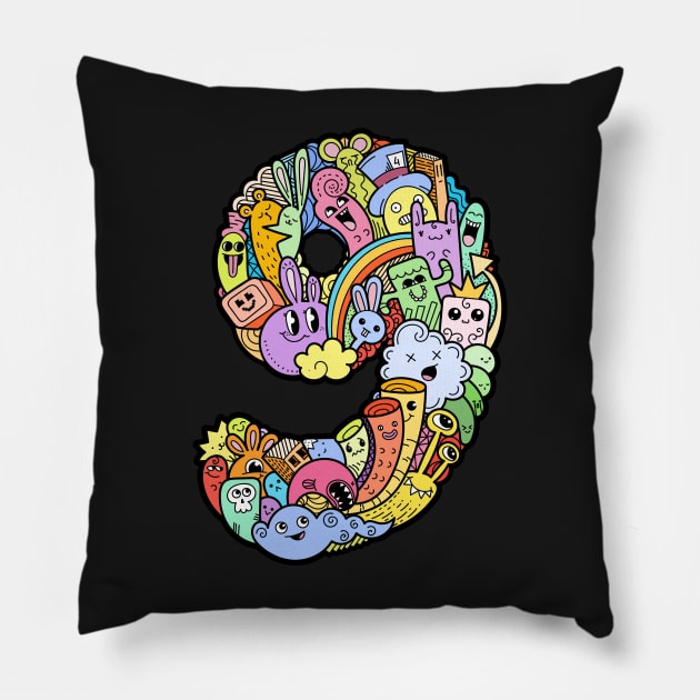 Number 9 nine -Funny and Colorful Cute Monster Creatures Pillow by funwithletters