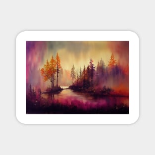 Trees On An Island In A Lake During Sunrise, Landscape Oil Painting Magnet