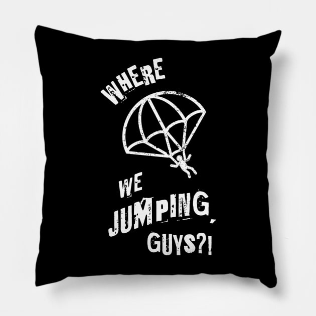 Where we Jumping Guys? Pillow by SilverFoxx Designs