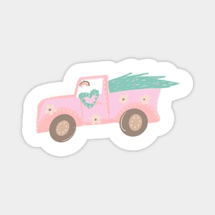 Cute Christmas Truck Pastel Pink Magnet