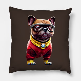 Cute Pug in Red Iron Suit - Adorable Dog in Custom Metal Costume Pillow