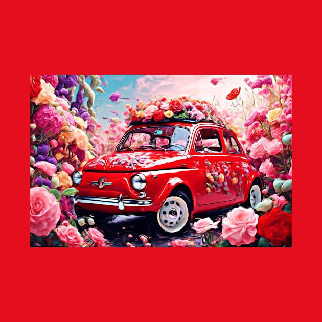 Red Fiat 500 in a surreal sea of flowers by DeVerviers