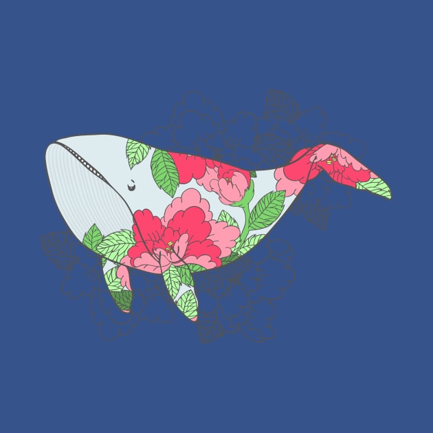 Whale with Peonies by natelledrawsstuff