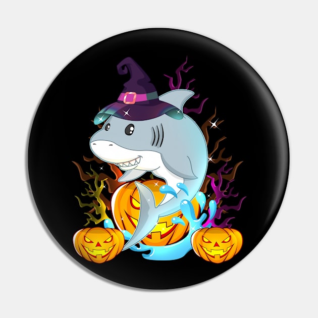 Shark With Witch Hat And Jack O Lantern Halloween Pin by TheBeardComic