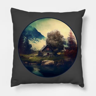 Rustic Lone Cabin in the Mountains Woods with Lake and Trees Pillow