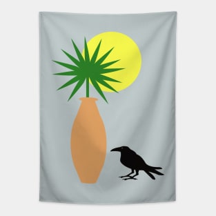 Boho Pot with Palm Leaf and a crow Tapestry