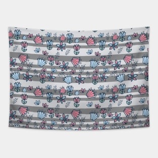 Gray stripes with pink and blue flowers Tapestry