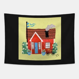 Swedish Summer Cottage with Flags - Midsommar Stuga - Yellow Background Tapestry