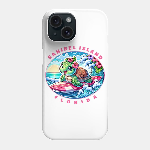 Sanibel Island Florida Girls Cute Surfing Sea Turtle Phone Case by grendelfly73