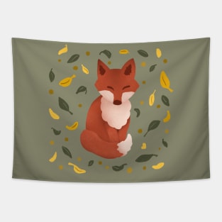 Happy fox with autumn leaves Tapestry